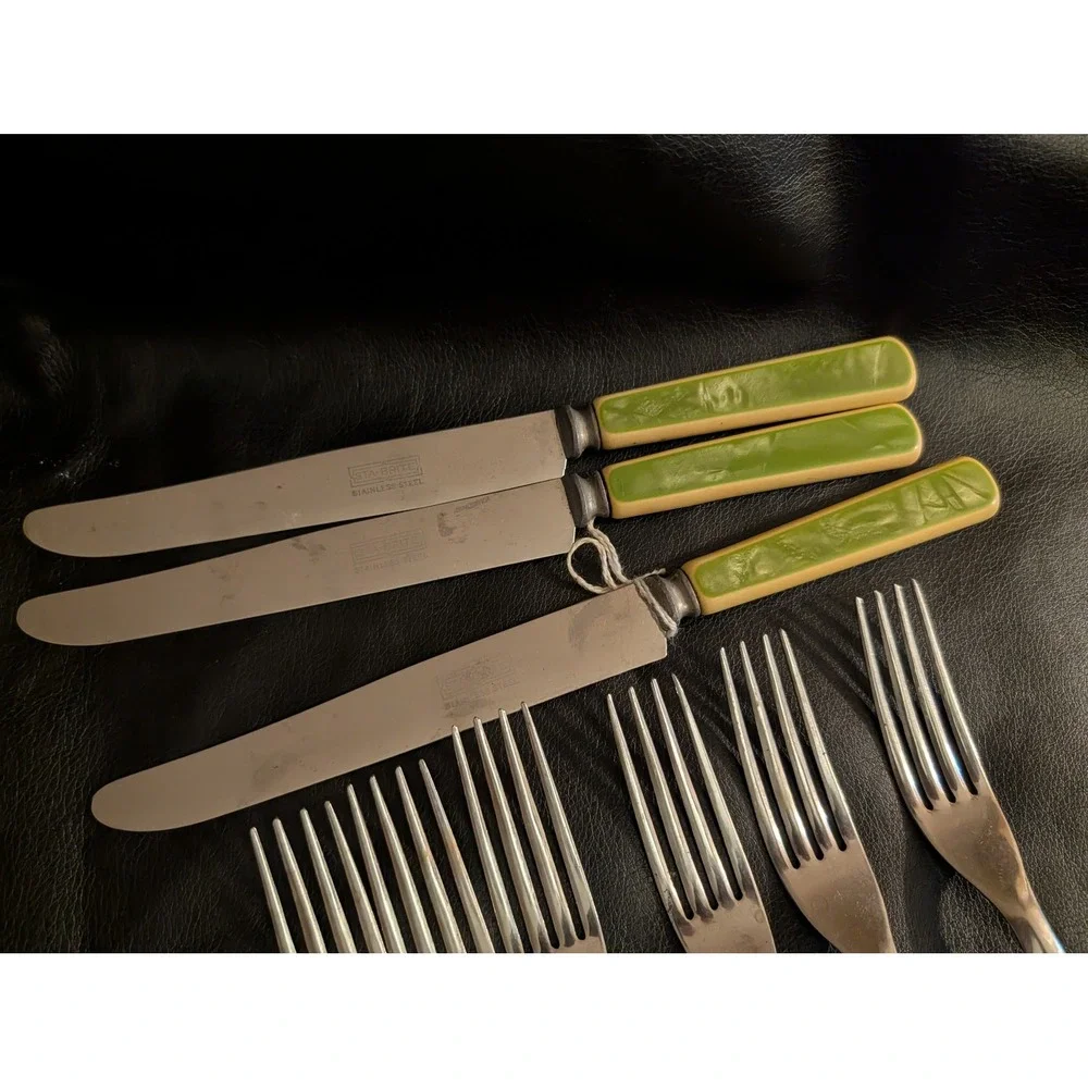 Vintage Sta-Brite Stainless Flatware 12pc Set Green Marbled Celluloid Handles